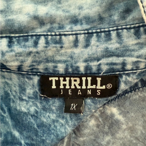 Thrill Jeans Distressed Denim Shirt Tunic Blue Acid Wash Size 1X - Picture 6 of 8